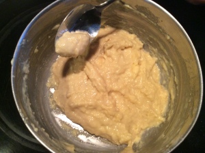 This is what the thick batter should look like and the maximum amount of batter that should be dropped from the teaspoon.